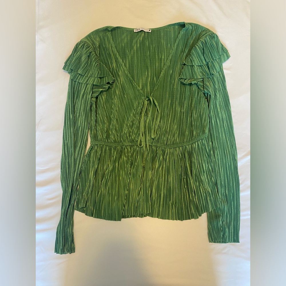 Zara Emerald Blouse with Ruffle Accents